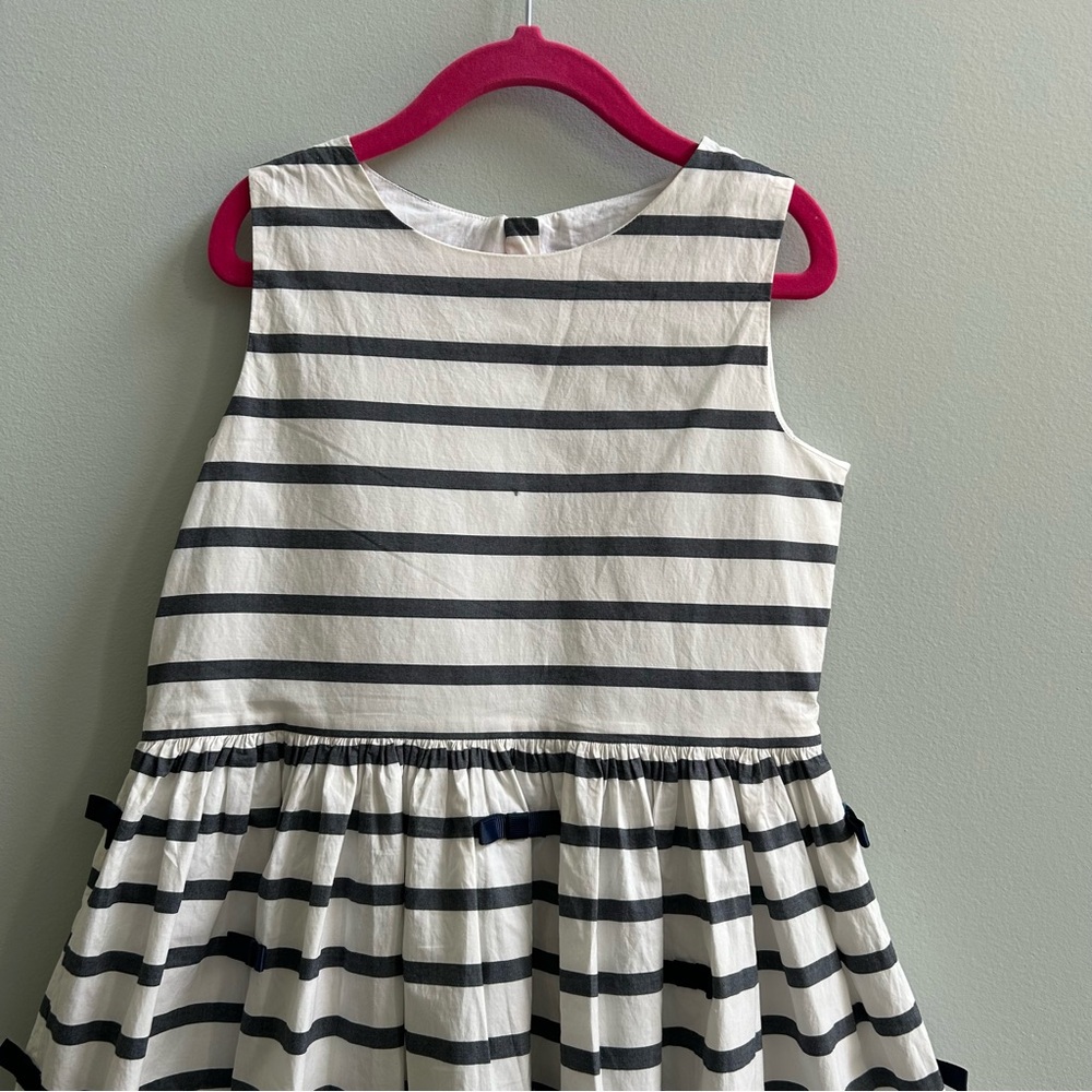 Jacadi Paris White And Navy Blue Striped Bow Dress, Size 8A. - Picture 2 of 9
